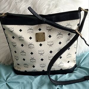 MCM monogram crossbody leather white navy zip A+